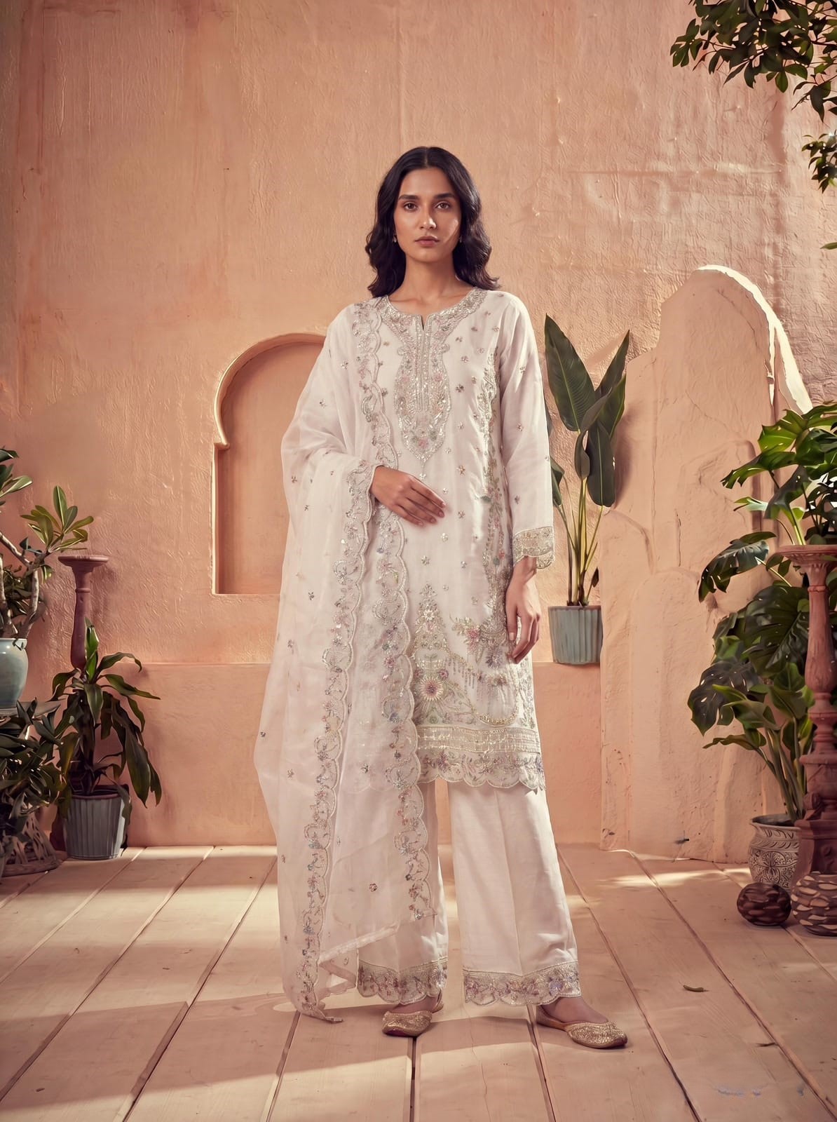 Organza Silk with heavy Embroidery work + Sequence work  kurta set
